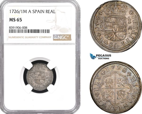 A11-657, Spain, Philip V, 1 Real 1726/1 M, Overdate, Madrid Mint, Silver, Cal-2019-436, Fantastic toning and eye appeal! NGC MS65