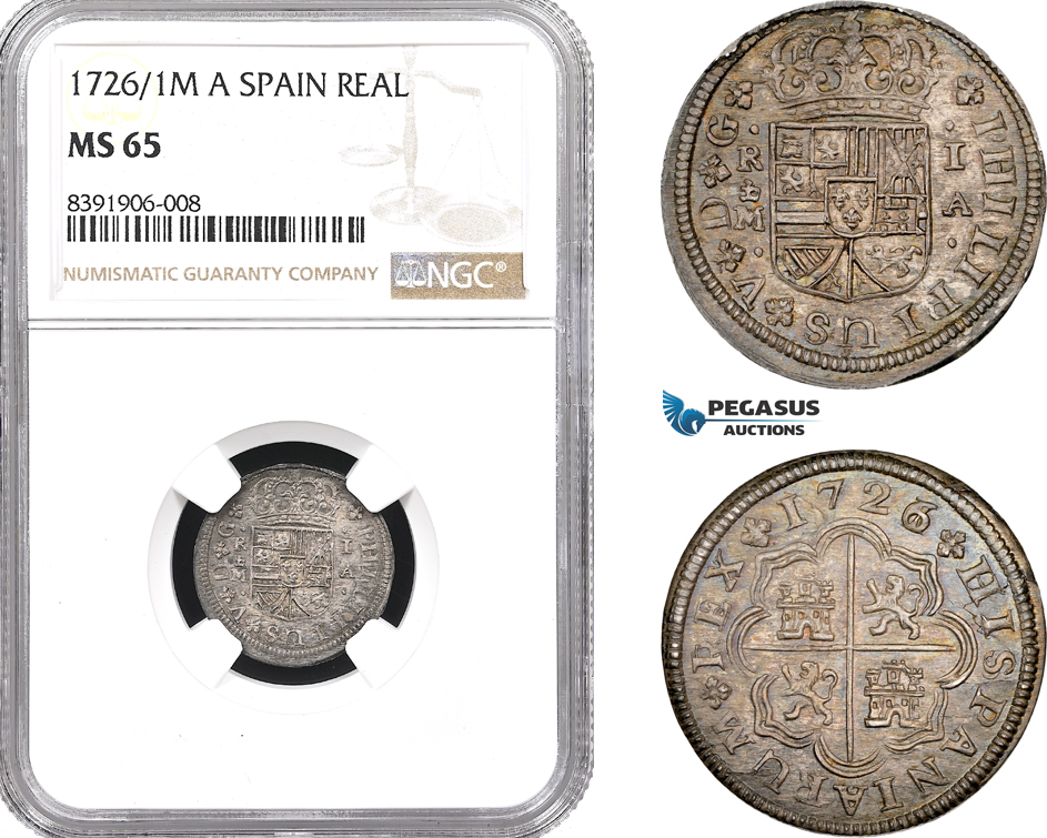 A11-657, Spain, Philip V, 1 Real 1726/1 M, Overdate, Madrid Mint, Silver, Cal-2019-436, Fantastic toning and eye appeal! NGC MS65