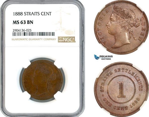A11-659, Straits Settlements, Victoria, 1 Cent 1888, London Mint, Km-16, NGC MS63BN