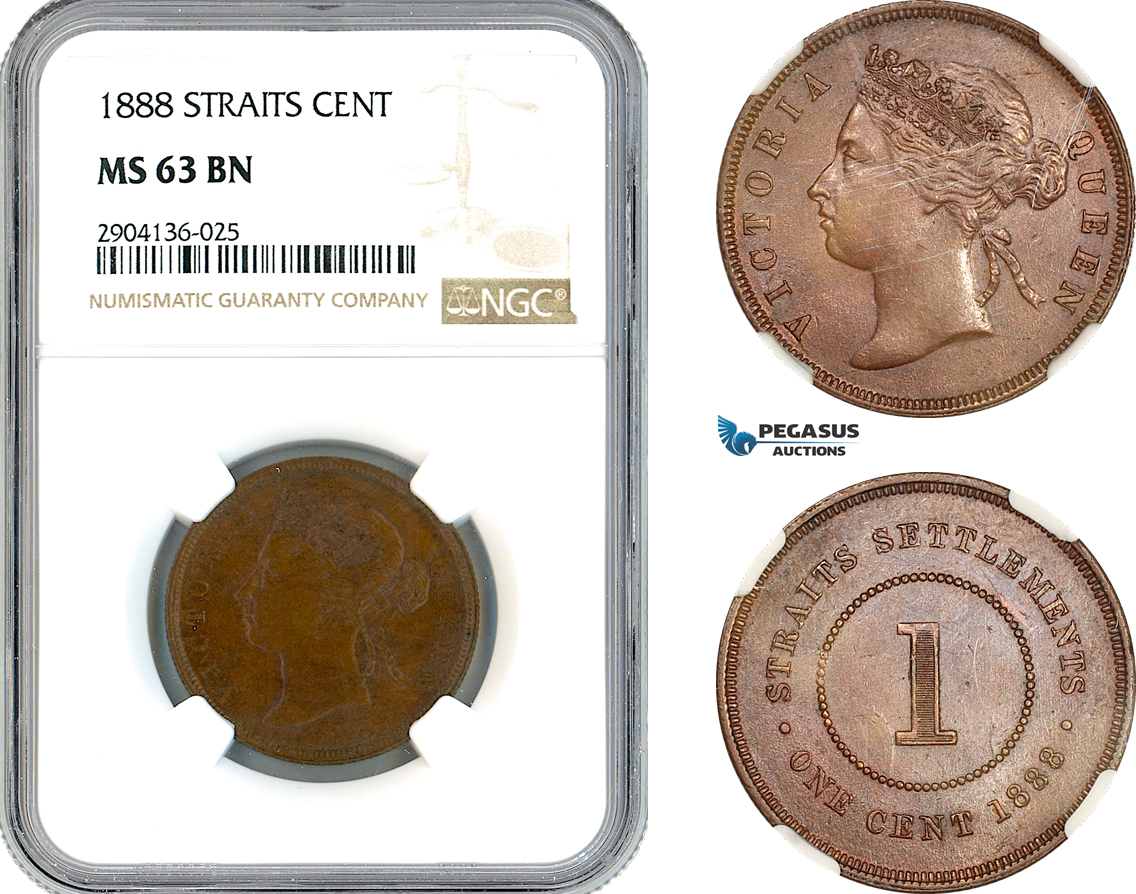A11-659, Straits Settlements, Victoria, 1 Cent 1888, London Mint, Km-16, NGC MS63BN