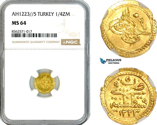 A11-715, Turkey, Ottoman Empire, Mahmud II, 1/4 Zeri Mahbub AH1223//5 (1812), Konstantiniyyie Mint, Gold, Km-605, NGC MS64