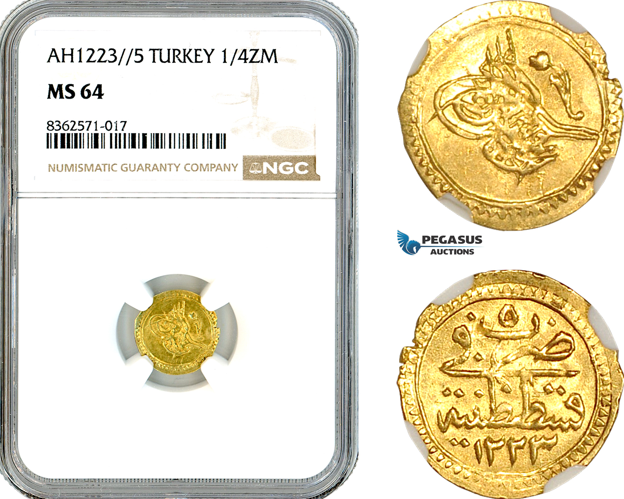 A11-715, Turkey, Ottoman Empire, Mahmud II, 1/4 Zeri Mahbub AH1223//5 (1812), Konstantiniyyie Mint, Gold, Km-605, NGC MS64