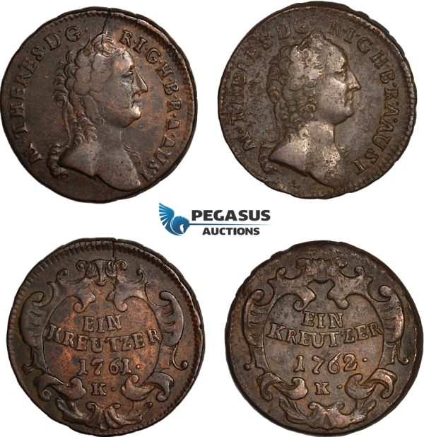 A12-032, Austria, Maria Theresia, Mixed lot, 1 Kreuzer 1761 K and 1 kreuzer 1762 K, all Karlsburg (Transylvania) Mint, VF-EF