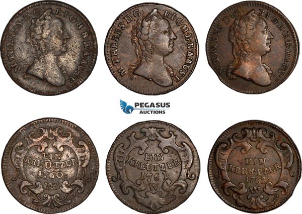A12-033, Austria, Maria Theresia, Mixed lot, 1 Kreuzer 1760 W , 1 kreuzer 1761 W and 1 Kreuzer 1762 W, Vienna Mint, VF-EF