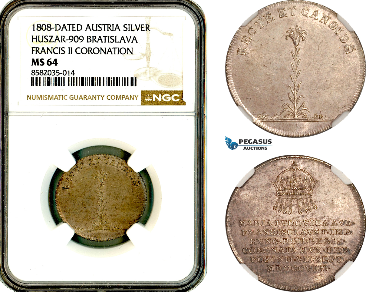 A12-052, Austria, Francisc I, Token 1808, Maria Ludovica II Coronation in Bratislava, Silver, Husz-909, Light toning, NGC MS64, Top Pop and single finest graded!