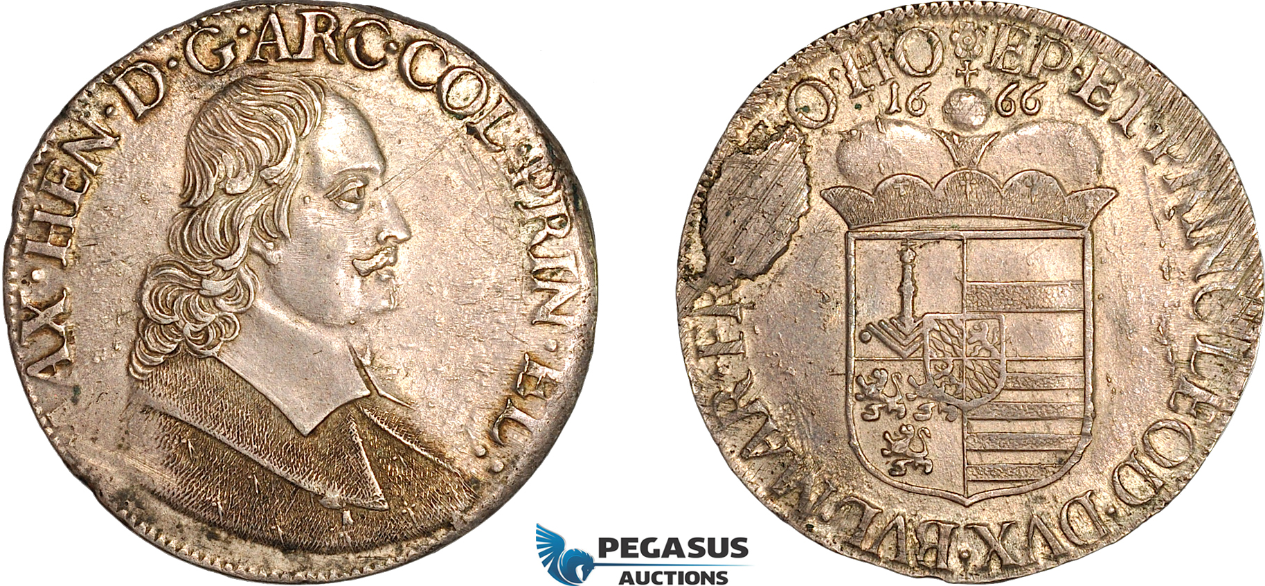A12-066, Belgium, Maximilian of Bavaria, Patagon 1666, Liege Mint, Silver (27.83g), Dav-4294, broken die on Rev, Light toning, AU