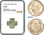 A12-116, Bulgaria, Boris III, 20 Leva 1940 A, Berlin Mint, Silver, KM-47, NGC MS63