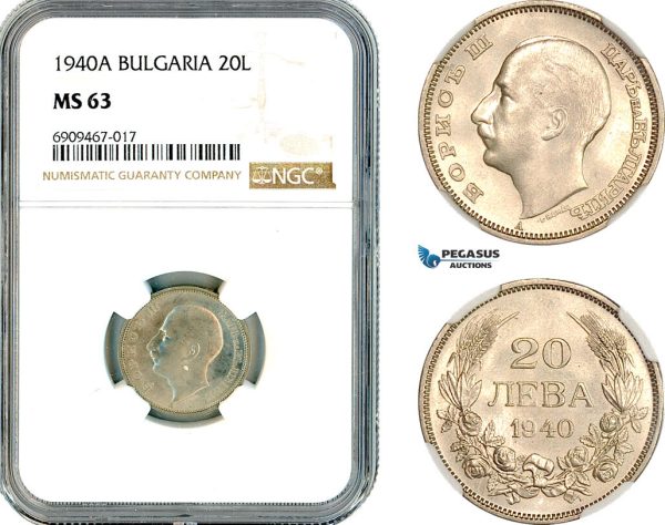 A12-116, Bulgaria, Boris III, 20 Leva 1940 A, Berlin Mint, Silver, KM-47, NGC MS63