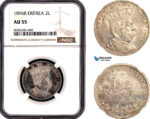 A12-179, Eritrea, Umberto I, 2 Lire 1896 R, Rome Mint, Silver, KM-3, Pagani 633, NGC AU55