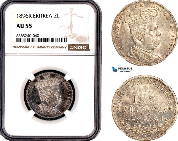 A12-179, Eritrea, Umberto I, 2 Lire 1896 R, Rome Mint, Silver, KM-3, Pagani 633, NGC AU55
