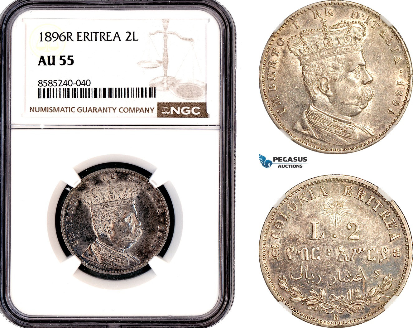 A12-179, Eritrea, Umberto I, 2 Lire 1896 R, Rome Mint, Silver, KM-3, Pagani 633, NGC AU55