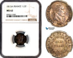 A12-220, France, Napoleon I, 1/2 Franc 1813 A, Paris Mint, Silver, KM-691, Old cabinet toning, NGC MS62