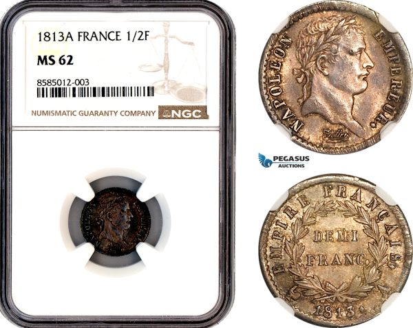 A12-220, France, Napoleon I, 1/2 Franc 1813 A, Paris Mint, Silver, KM-691, Old cabinet toning, NGC MS62