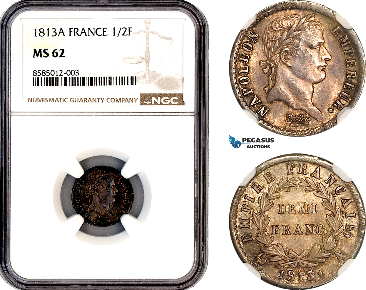 A12-220, France, Napoleon I, 1/2 Franc 1813 A, Paris Mint, Silver, KM-691, Old cabinet toning, NGC MS62