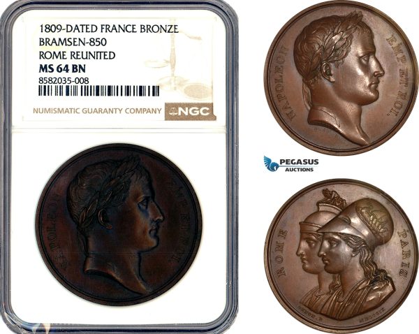 A12-225, France, Napoleon I, Medal 1809, Rome Reunited, Bronze, Bramsen-850, NGC MS64 BN, Top Pop and single finest graded!
