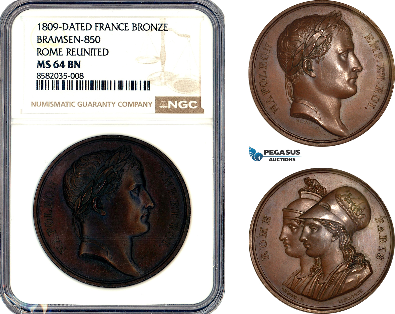 A12-225, France, Napoleon I, Medal 1809, Rome Reunited, Bronze, Bramsen-850, NGC MS64 BN, Top Pop and single finest graded!