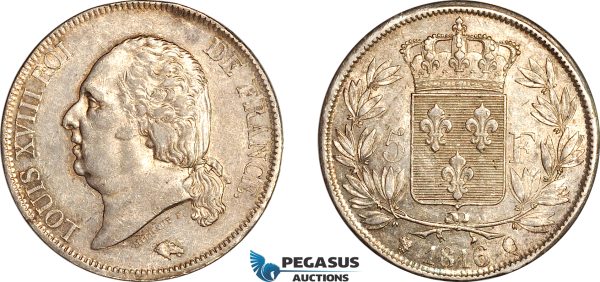 A12-226, France, Louis XVIII, 5 Francs 1816 Q, Perpignan Mint, Silver, Gad-614, Light toning, AU