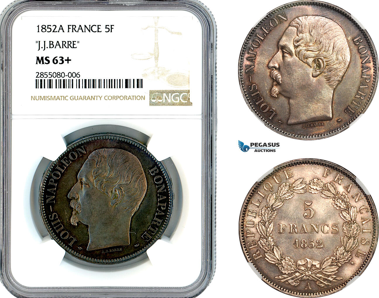 A12-236, France, Napoleon III, 5 Francs 1852 A, "J.J. Barre", Paris Mint, Silver, KM-773.1, Old cabinet toning, NGC MS63+, Rare!