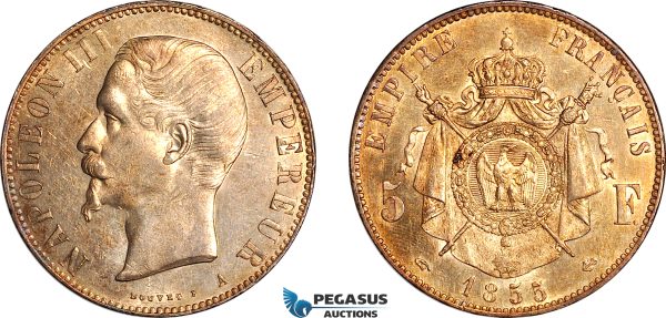 A12-237, France, Napoleon III, 5 Francs 1855 A, Paris Mint, Silver, Gad-734, Light cleaning, re-toned, AU-UNC