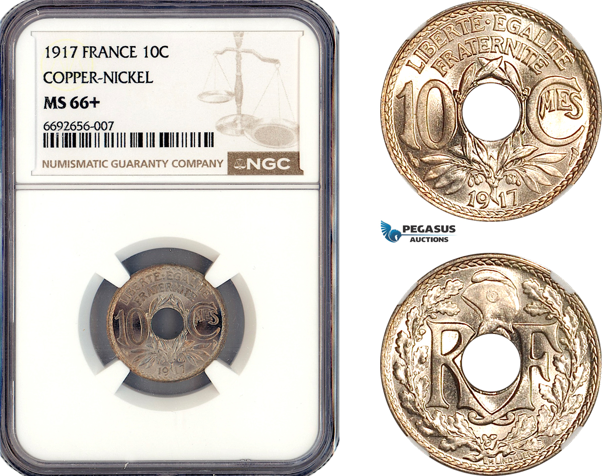 A12-245, France, Third Republic, 10 Centimes 1917, Paris Mint, Copper-Nickel, Gad-286, NGC MS66+, Top Pop and single finest graded!