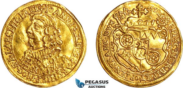 A12-267, Germany, Mainz, Johann Philipp, Ducat 1658 MF, Gold (3.43g), Fr. 1656, Light crease, XF