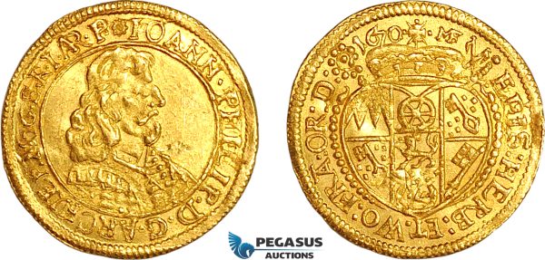 A12-268, Germany, Mainz, Johann Philipp von Schönborn, Ducat 1670 MF, Gold (3.51g) Fr. 1657, Few mark on Obv., otherwise UNC, Rare!