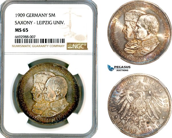 A12-286, Germany, Saxony, Friedrich August III, 5 Mark 1909, Silver, Leipzig University, Dav-906, Light cabinet toning, NGC MS65