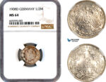 A12-292, Germany, Wilhelm II, 1/2 Mark 1908 D, Munich Mint, Silver, KM-17, Light toning, NGC MS64