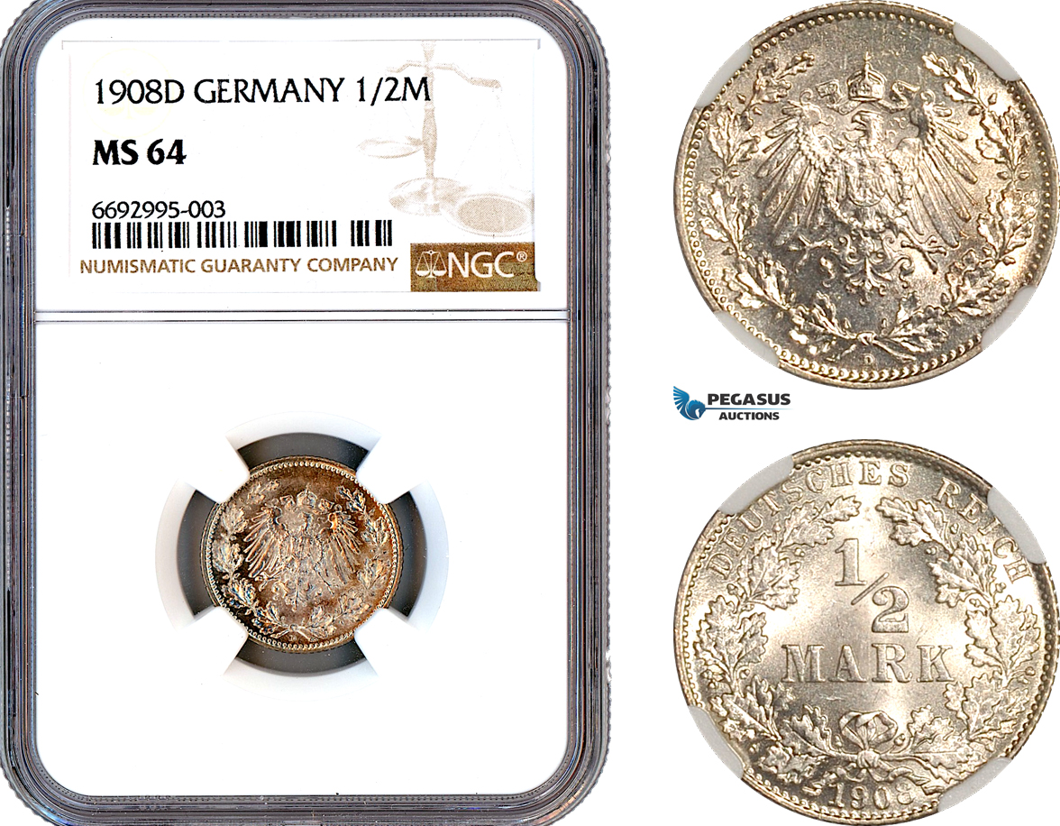 A12-292, Germany, Wilhelm II, 1/2 Mark 1908 D, Munich Mint, Silver, KM-17, Light toning, NGC MS64