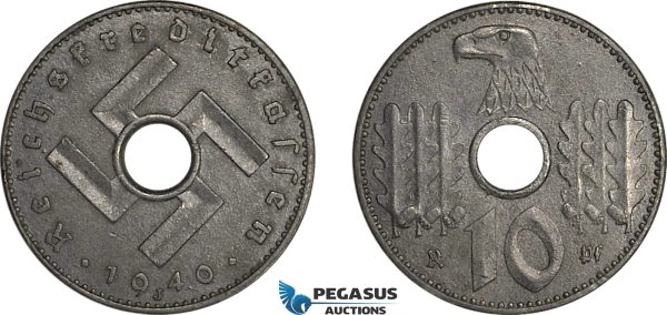 A12-304, Germany, Third Reich, Military coinage, 10 Reichspfennig 1940 J, Hamburg Mint, Jaeger 619, AU, Very Rare!