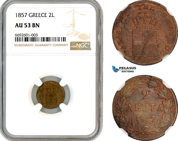A12-325, Greece, Otto, 2 Lepta 1857, Athens Mint, KM-31, NGC AU53BN