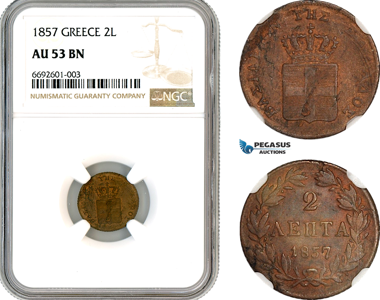 A12-325, Greece, Otto, 2 Lepta 1857, Athens Mint, KM-31, NGC AU53BN