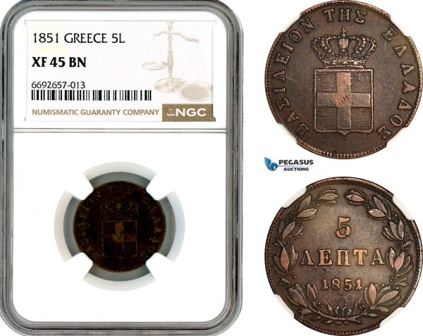 A12-326, Greece, Otto, 5 Lepta 1851, Athens Mint, KM-32, NGC XF45BN
