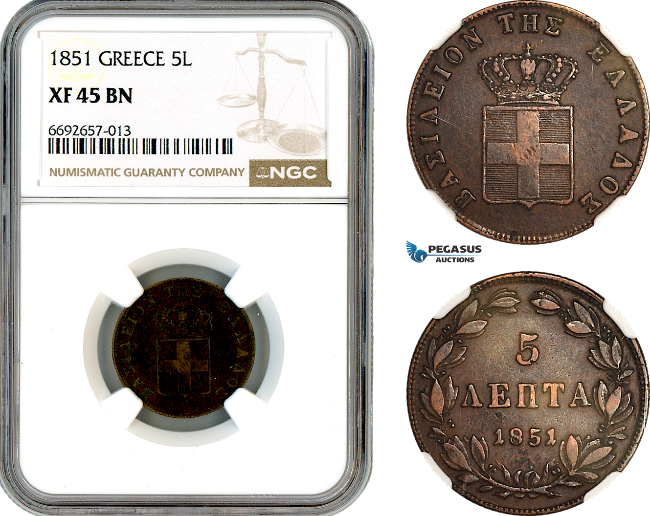 A12-326, Greece, Otto, 5 Lepta 1851, Athens Mint, KM-32, NGC XF45BN