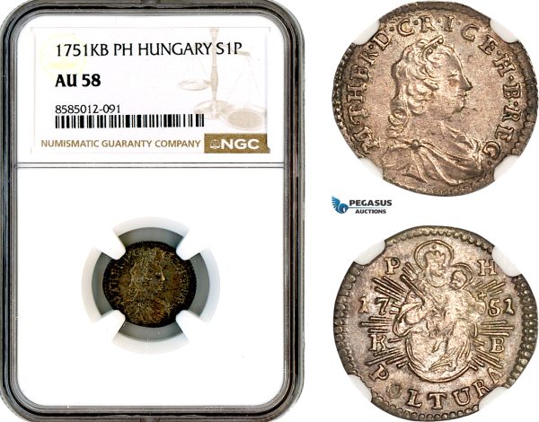 A12-352, Hungary, Maria Theresia, Poltura 1751 KB PH, Kremnitz Mint, Silver, Her-1737, NGC AU58, Top Pop and single finest graded! Rare!