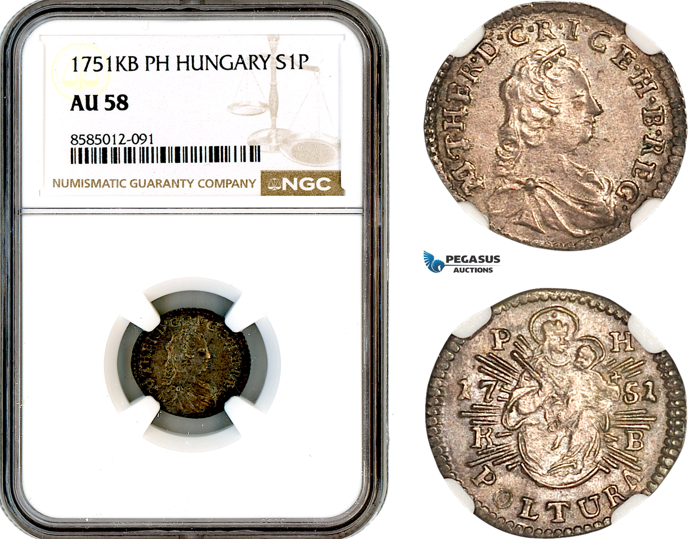 A12-352, Hungary, Maria Theresia, Poltura 1751 KB PH, Kremnitz Mint, Silver, Her-1737, NGC AU58, Top Pop and single finest graded! Rare!