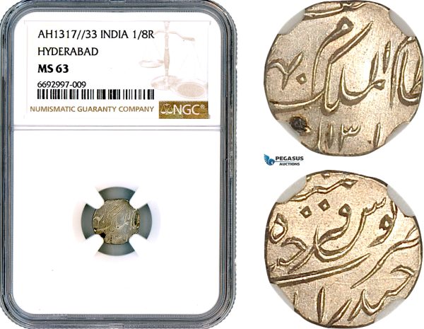 A12-363, India, Hyderabad, Ali Khan II, 1/8 Rupee AH1317//33, Hyderabad Mint, Silver, Y-14, NGC MS63