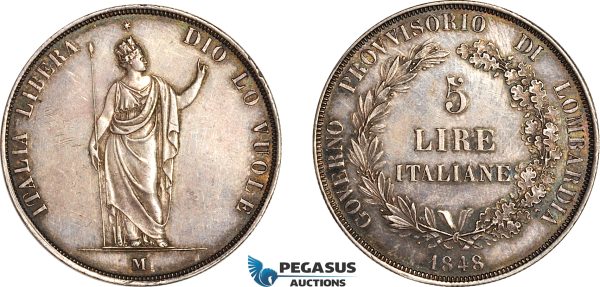 A12-398, Italy, Lombardy Venice, Provisional Government, 5 Lire 1848 M, Milan Mint, Silver, Dav-206, Cleaned long ago, old cabinet toning, AU