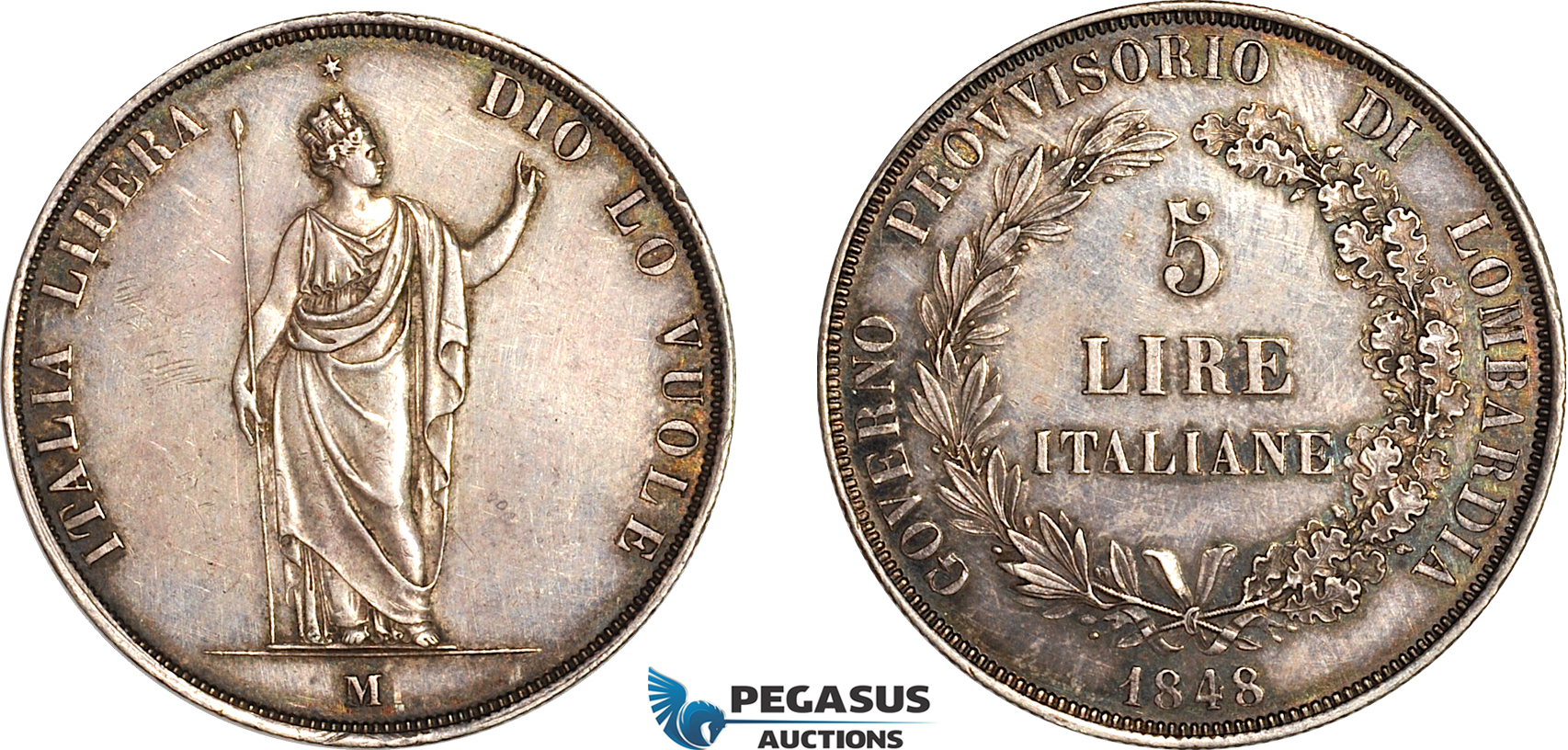 A12-398, Italy, Lombardy Venice, Provisional Government, 5 Lire 1848 M, Milan Mint, Silver, Dav-206, Cleaned long ago, old cabinet toning, AU