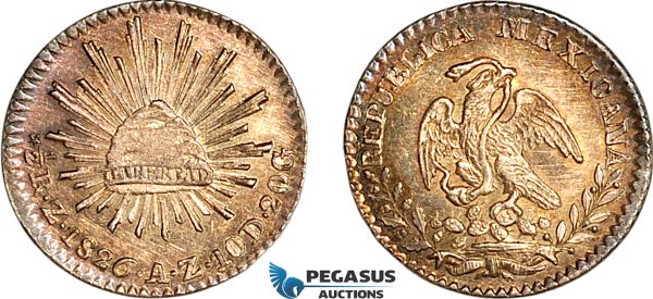 A12-456, Mexico, 1/2 Real 1826 Z AS, Zacatecas Mint, Silver, KM-370.11, Toned, few Mark, XF-UNC, Rare!
