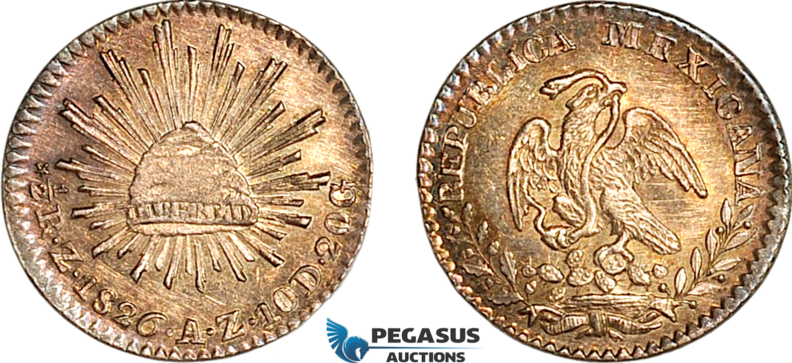 A12-456, Mexico, 1/2 Real 1826 Z AS, Zacatecas Mint, Silver, KM-370.11, Toned, few Mark, XF-UNC, Rare!