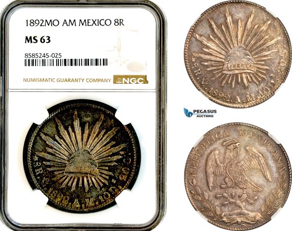 A12-459, Mexico, 8 Reales 1892 Mo AM, Mexico City Mint, Silver, KM-377.10, Lustrous toning, NGC MS63