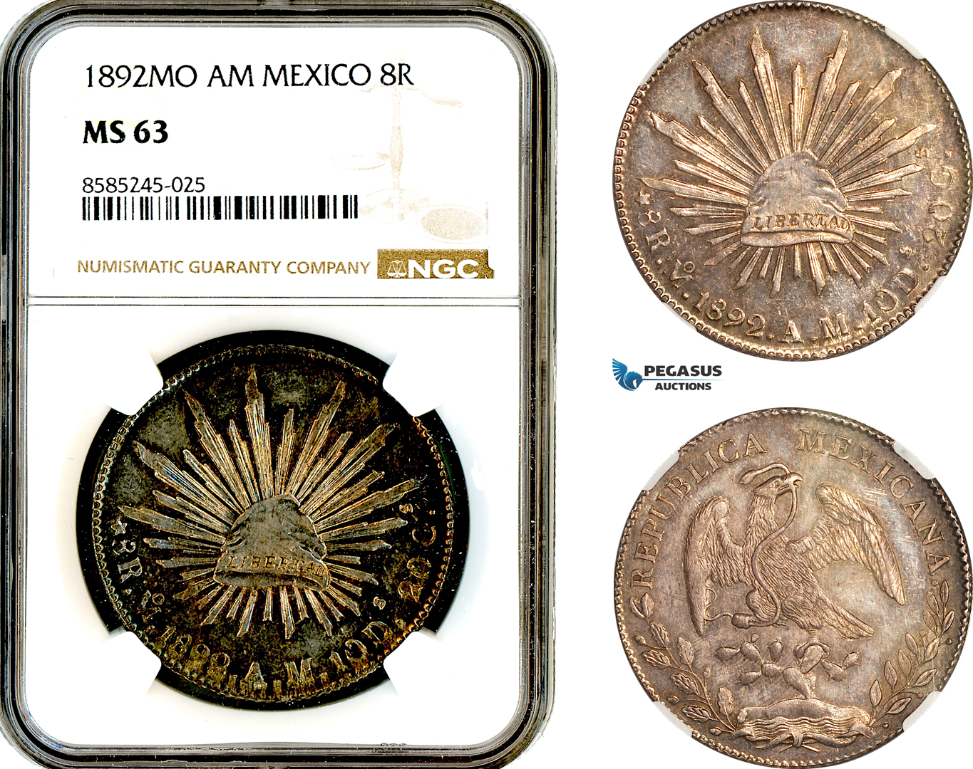 A12-459, Mexico, 8 Reales 1892 Mo AM, Mexico City Mint, Silver, KM-377.10, Lustrous toning, NGC MS63