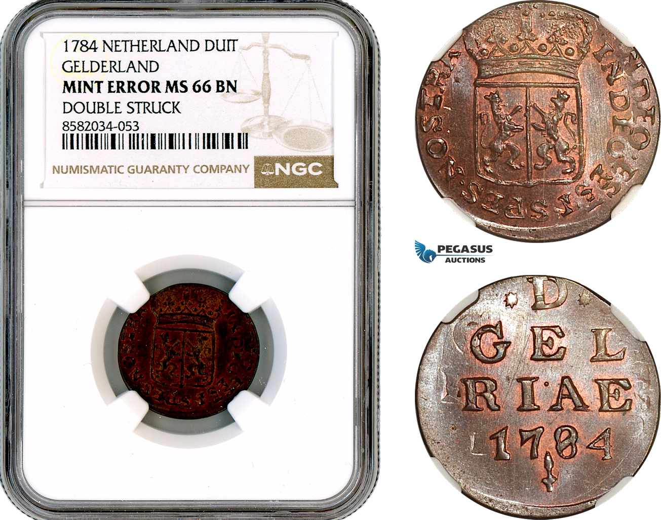 A12-467, Netherlands, Gelderland, Duit 1784, KM-105, Mint Error NGC MS66 BN, Top Pop and single finest graded!