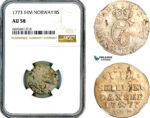 A12-535, Norway, Christian VII of Denmark, 8 Skilling 1773, Kongsberg Mint, Silver, KM-251, NGC AU58