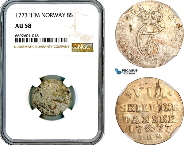 A12-535, Norway, Christian VII of Denmark, 8 Skilling 1773, Kongsberg Mint, Silver, KM-251, NGC AU58