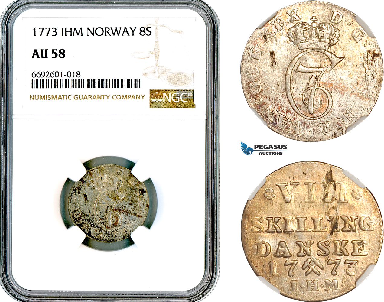 A12-535, Norway, Christian VII of Denmark, 8 Skilling 1773, Kongsberg Mint, Silver, KM-251, NGC AU58