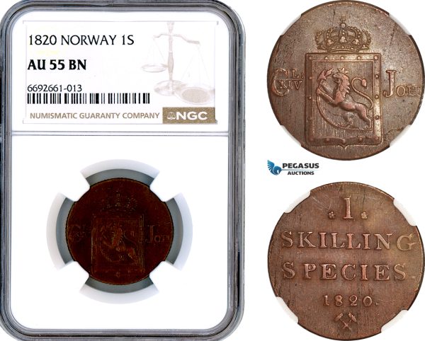 A12-536, Norway, Carl XIV of Sweden, Skilling 1820, Kongsberg Mint, KM-286, NGC AU55BN