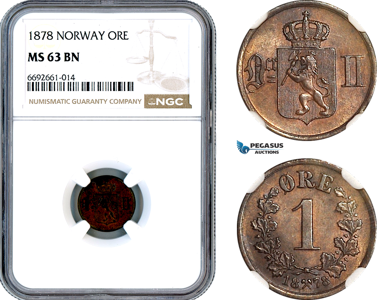 A12-539, Norway, Oscar II, Øre 1878, KM-352, Kongsberg Mint, NGC MS63BN