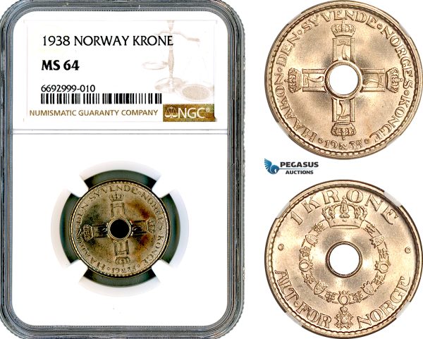 A12-541, Norway, Haakon VII, Krone 1938, KM-385, NGC MS64